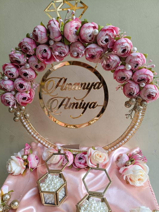 Ring Platter with Baby Pink and Yellow flowers with golden balls