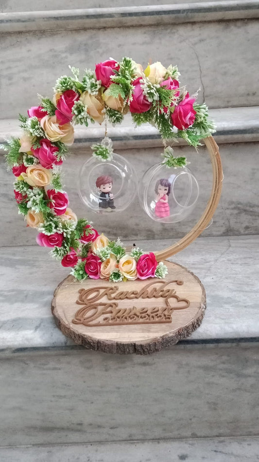 Pink and Yellow Ring Platter Pine Wood with Couples Dolls