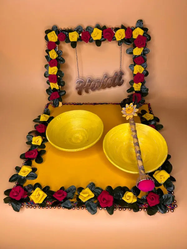 Haldi Platter – Red and Yellow with Stick and two bowl