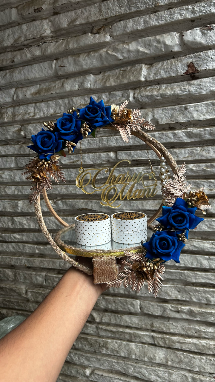 Ring Platter Dark Blue flower with golden beads