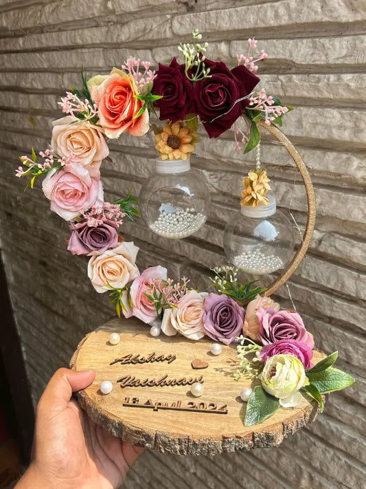 Ring Platter Pine Wood with Purple, Lavender & White Flowers