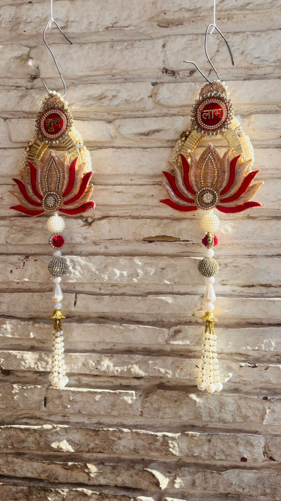 Red and Yellow Zardosi Work Lotus theme Shubh Labh Hanging (12” H Approx)
