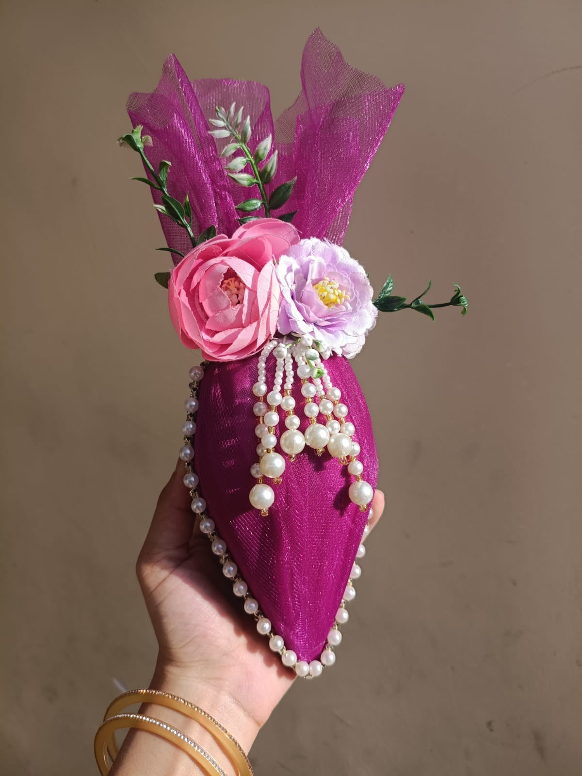 Luxury Pink Floral Decorated Nariyal for Wedding & Puja (Designer Kalash Coconut)