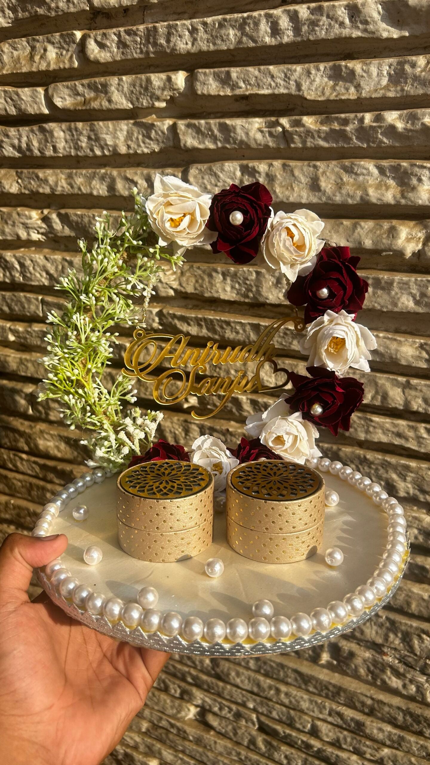 Maroon and white Ring Platters for Engagement