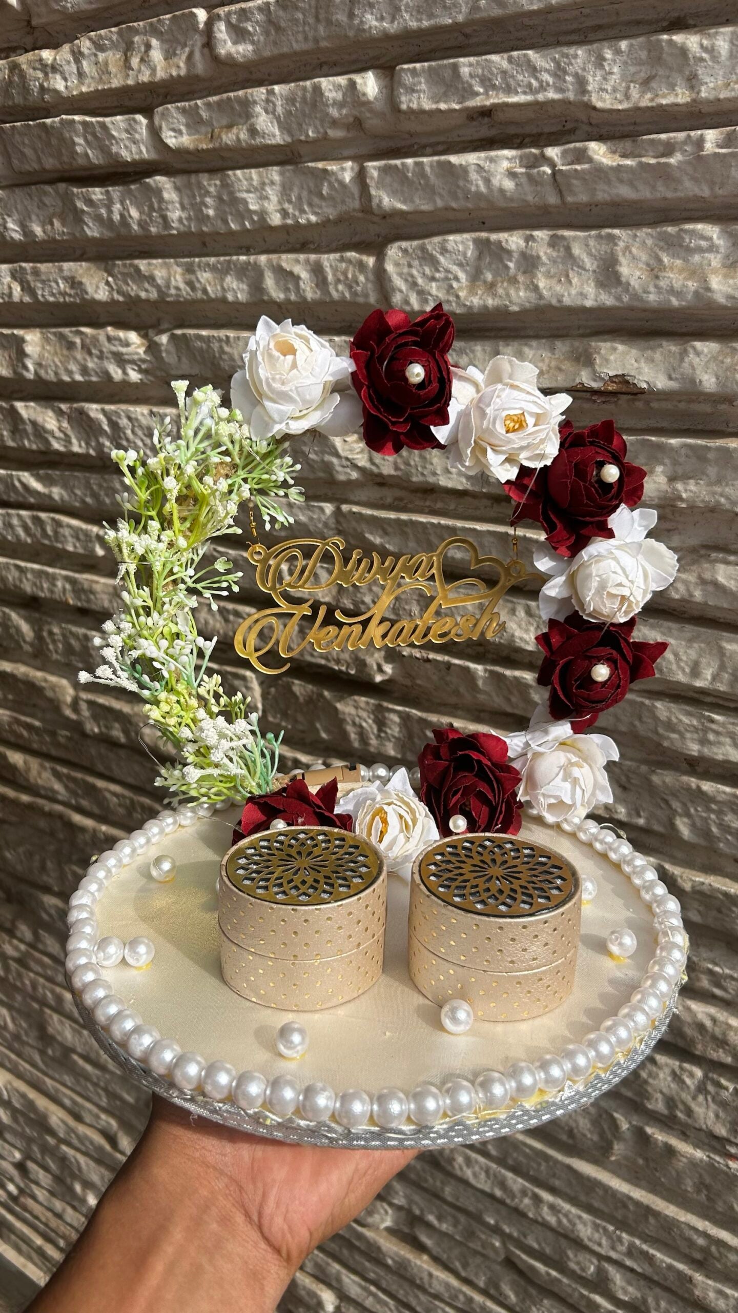 Maroon and white Ring Platters for Engagement