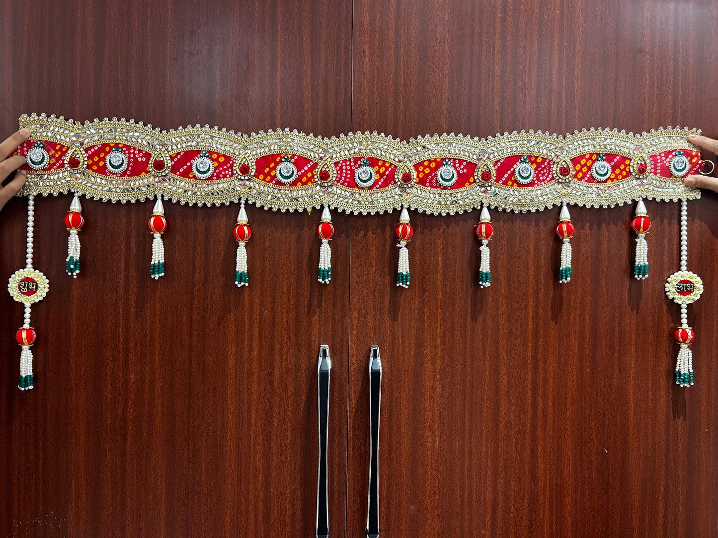 Handmade Shubh Labh bandhanwar for main door in red and gold with tassels and festive door decoration