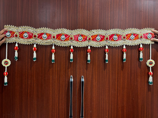 Handmade Shubh Labh bandhanwar for main door in red and gold with tassels and festive door decoration