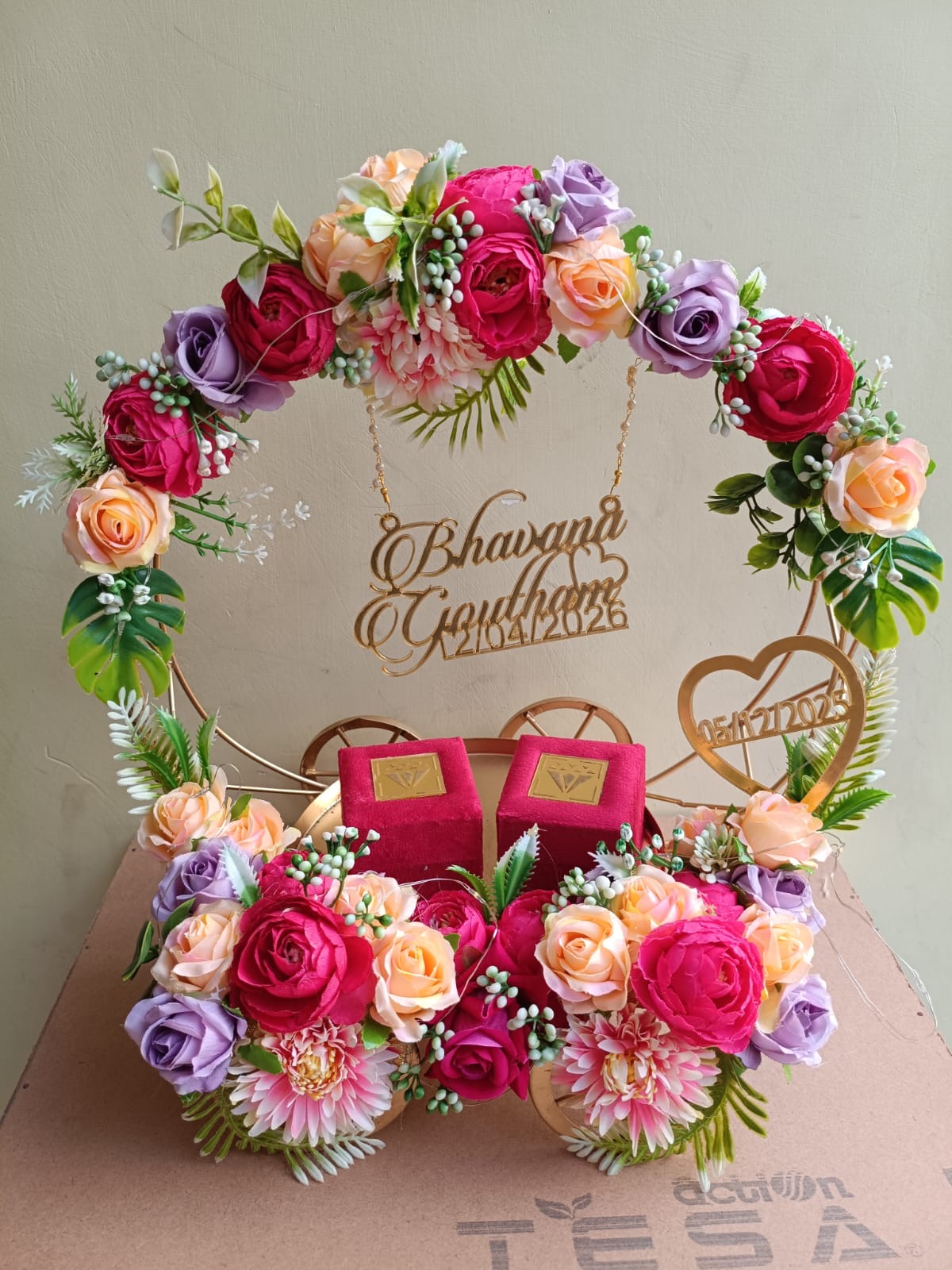 Metal Ring Platter - With Artificial Multicoloured Flowers