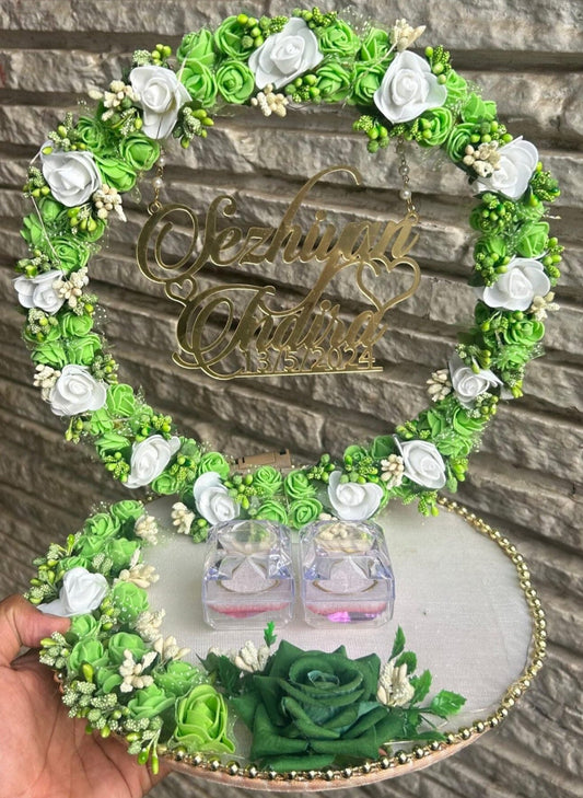 Ring Platter with light green and white foam flowers