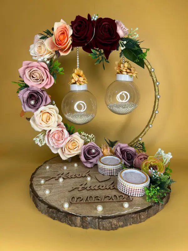 Ring Platter Pine Wood with Purple, Lavender & White Flowers