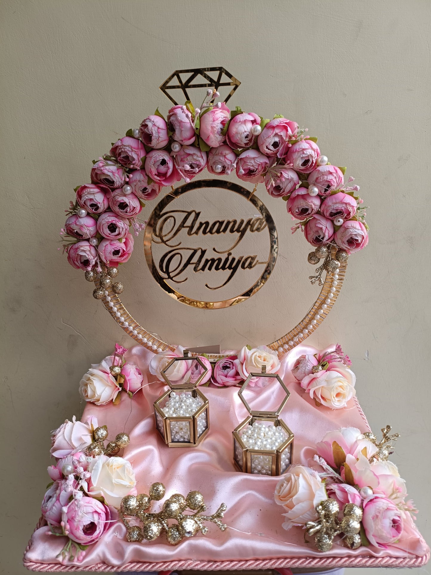 Ring Platter with Baby Pink and Yellow flowers with golden balls