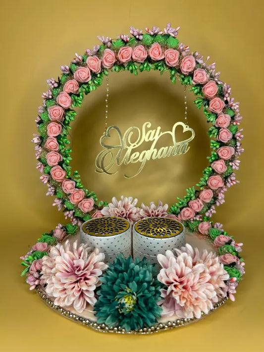 Ring Platter with Green and Pink Foam Flowers
