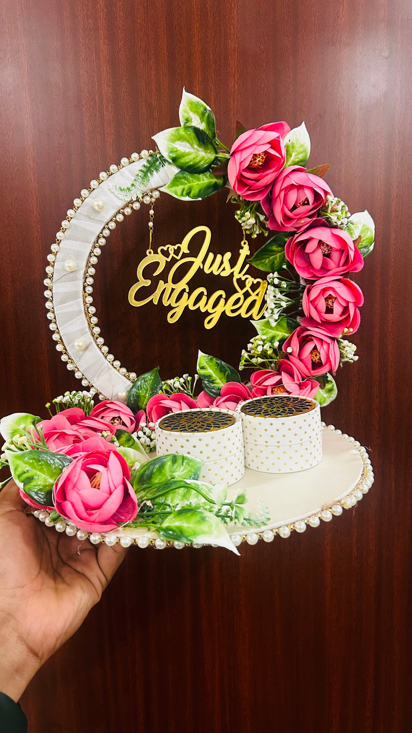 Ring Platter with white and Pink flowers Just Engaged