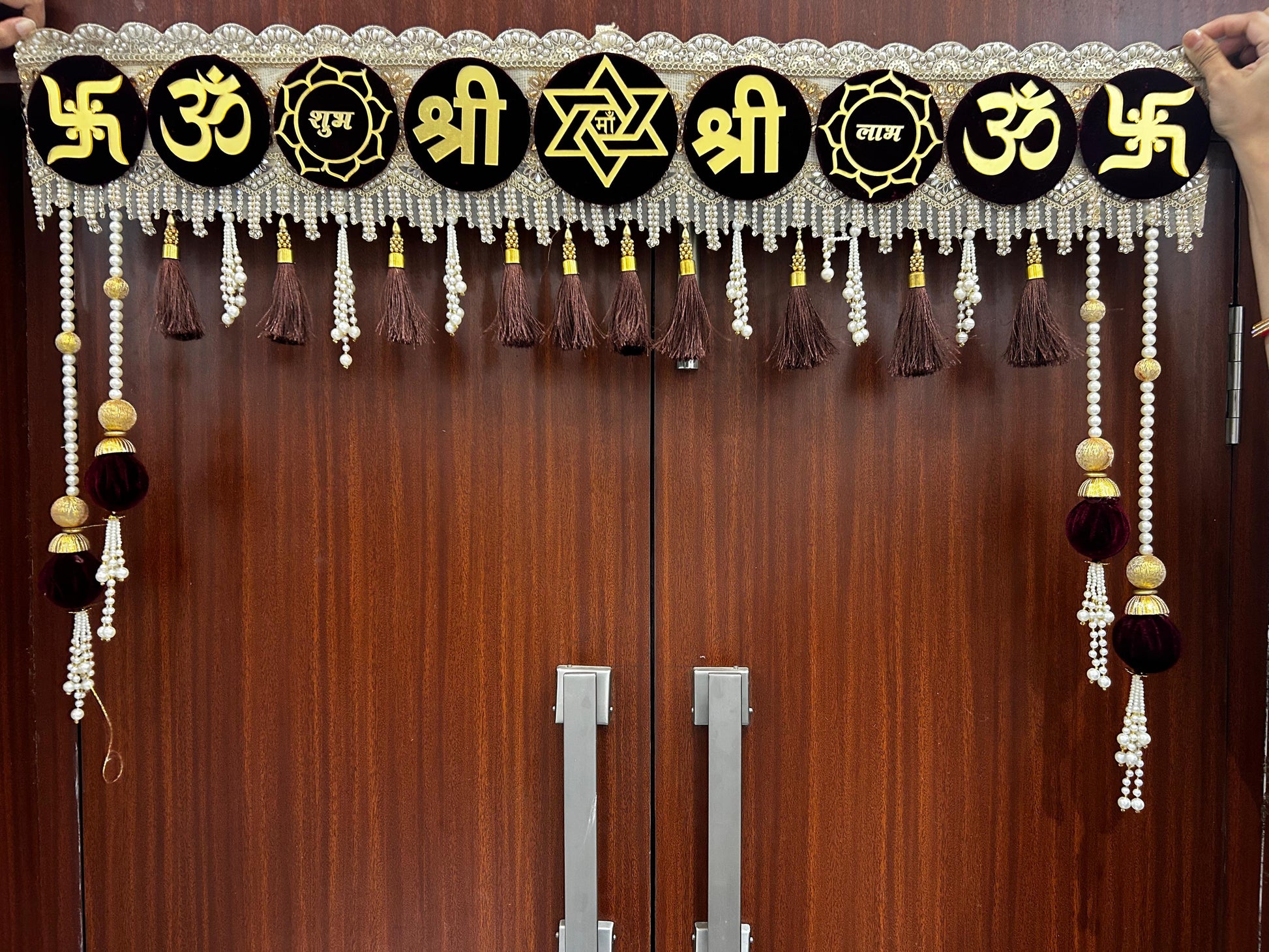 Handmade Shubh Labh Om bandhanwar for main door with tassels and festive door decoration