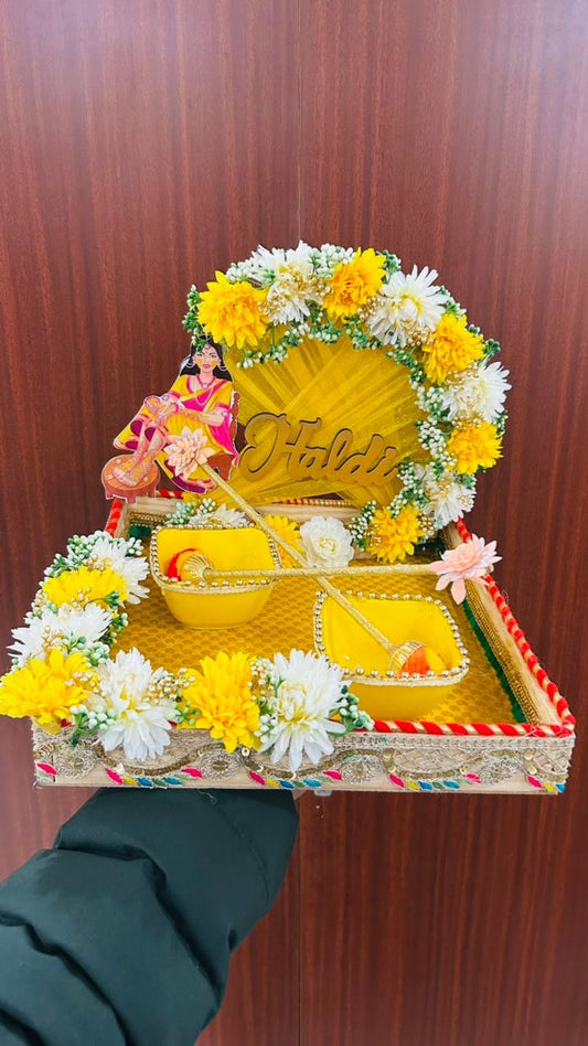 Decorated Haldi Platter for Wedding – Yellow Marigold Floral Arch with Acrylic Name Topper & Haldi Katori
