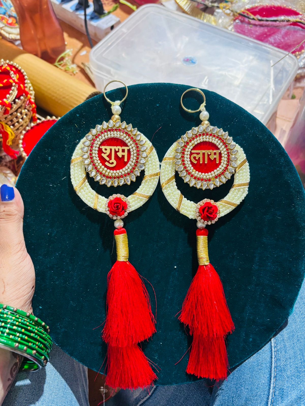 White and Red Shubh Labh Hanging (6” H Approx)