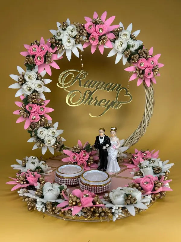 Pink and White Flower Ring Platter With Just Engaged
