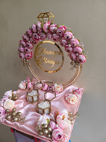 Ring Platter with Baby Pink and Yellow flowers with golden balls
