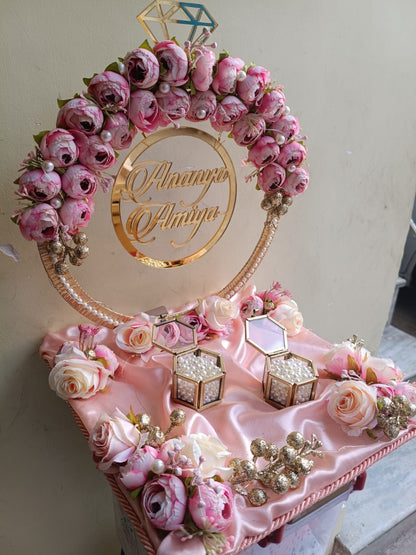 Ring Platter with Baby Pink and Yellow flowers with golden balls