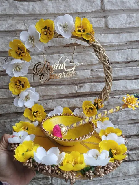 Haldi Platter - Colorful Yellow with Stick and bowl with name