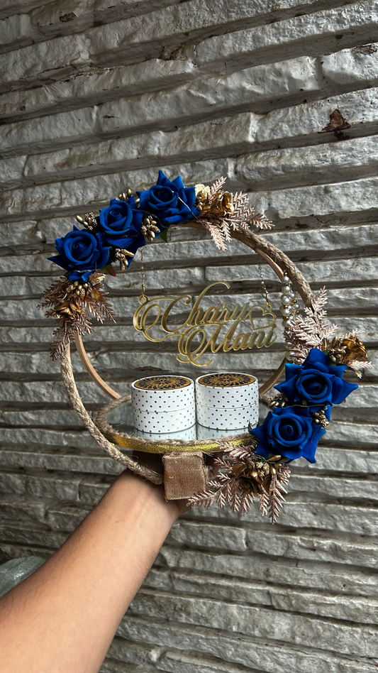 Ring Platter Dark Blue flower with golden beads