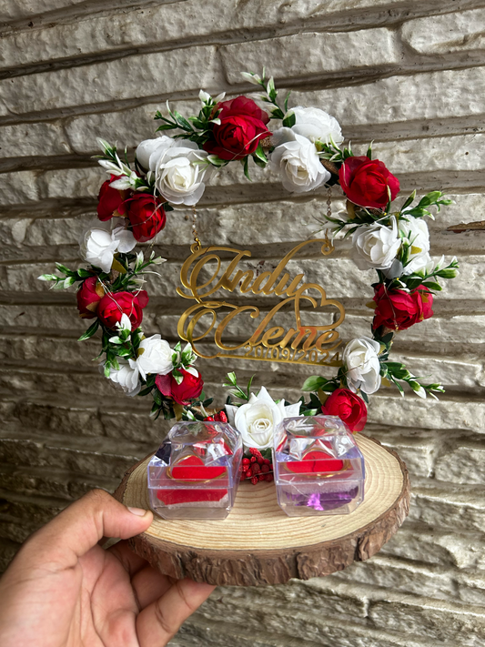 Ring Platter -White & Red Flowers with wooden base