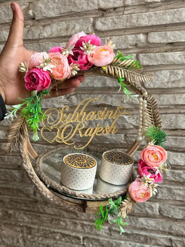 Pink and Peach flowers Ring Platter with golden beads