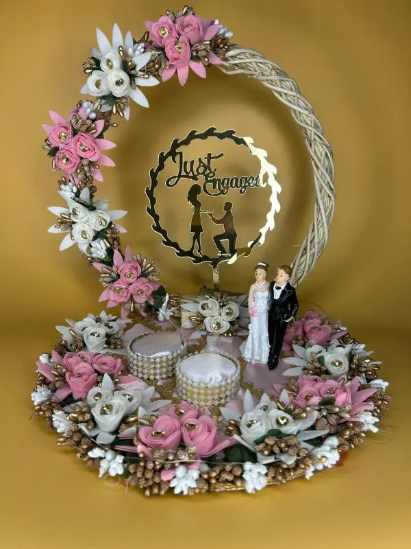 Pink and White Flower Ring Platter With Just Engaged