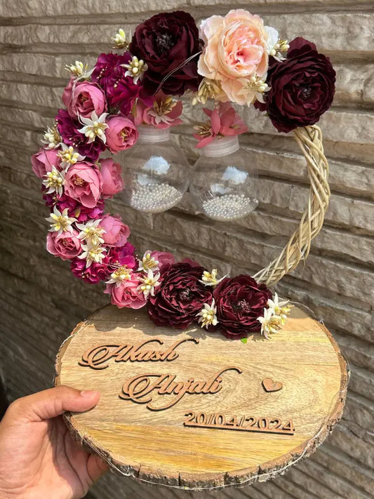 Ring Platter Pine Wood with Light & Dark Pink Flower