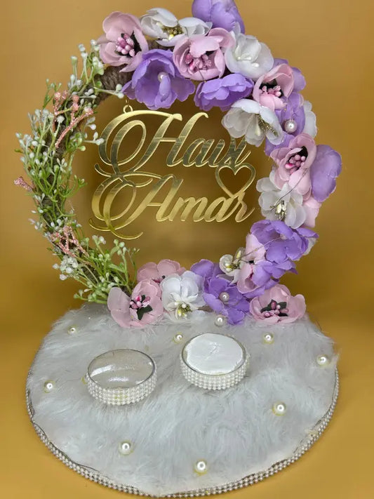 Ring Platter with Pink, Purple and White Flowers with Feather Base