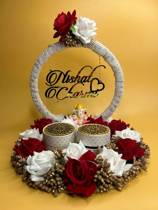 Red and White Ring Platter with Ganeshji