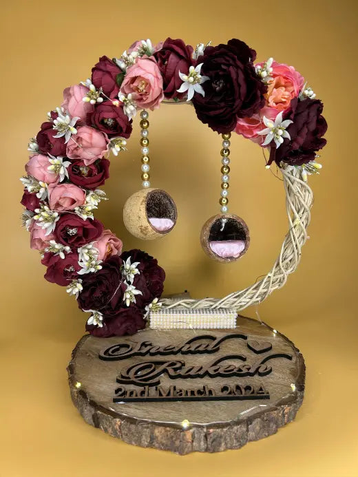 Ring Platter Pine Wood with Maroon & Pink Flower