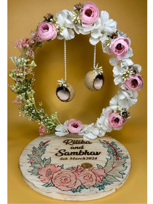 Ring Platter with Pink and White Flower with Name Engraving