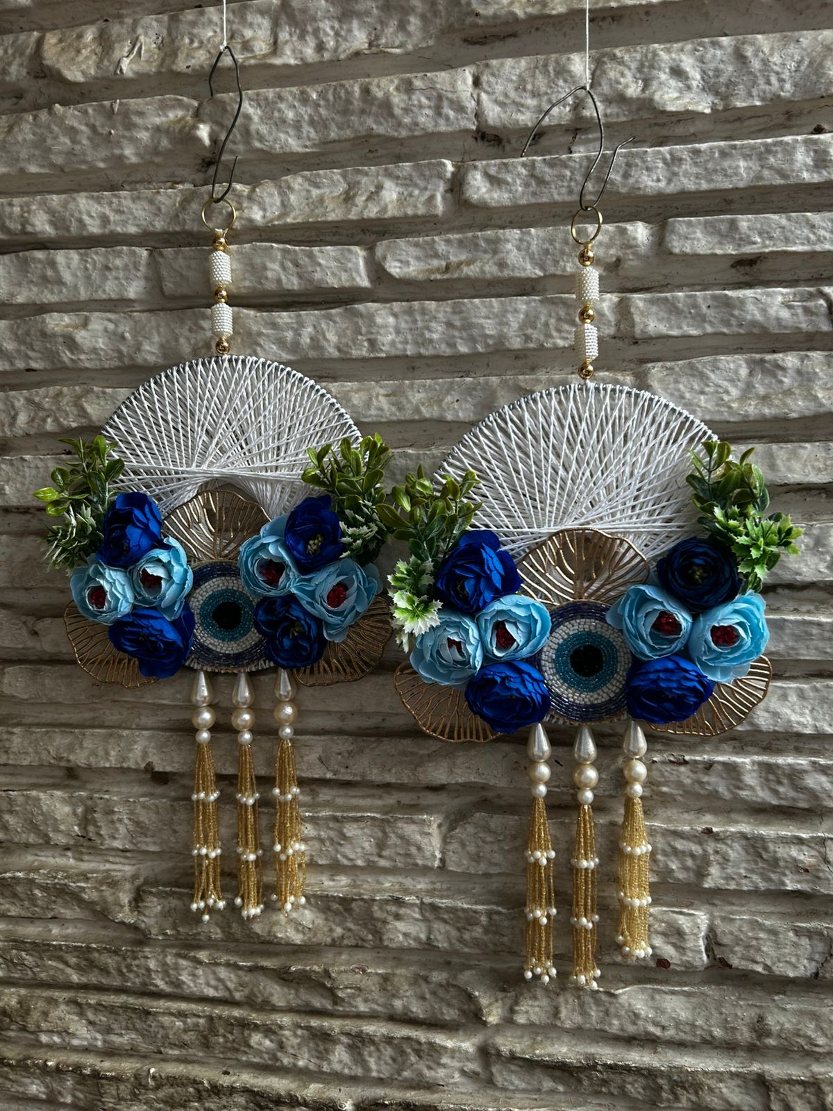 Evil Eye and light dark blue flowers Side Hanging (12” H Approx)