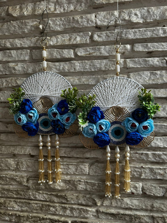 Evil Eye and light dark blue flowers Side Hanging (12” H Approx)
