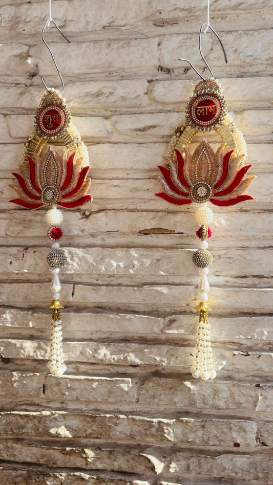 Red and Yellow Zardosi Work Lotus theme Shubh Labh Hanging (12” H Approx)