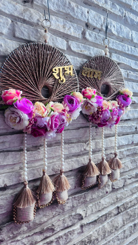 Pink Flowers with Tassel and Pillow Theme Shubh Labh Hanging (12” H Approx)