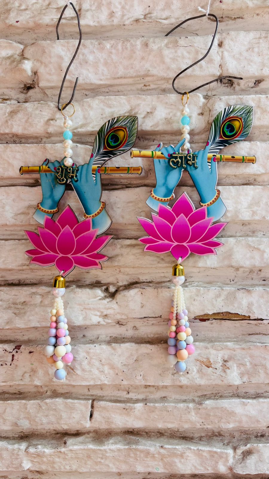 Krishna Flute and Lotus theme Shubh Labh Hanging (4” H Approx)