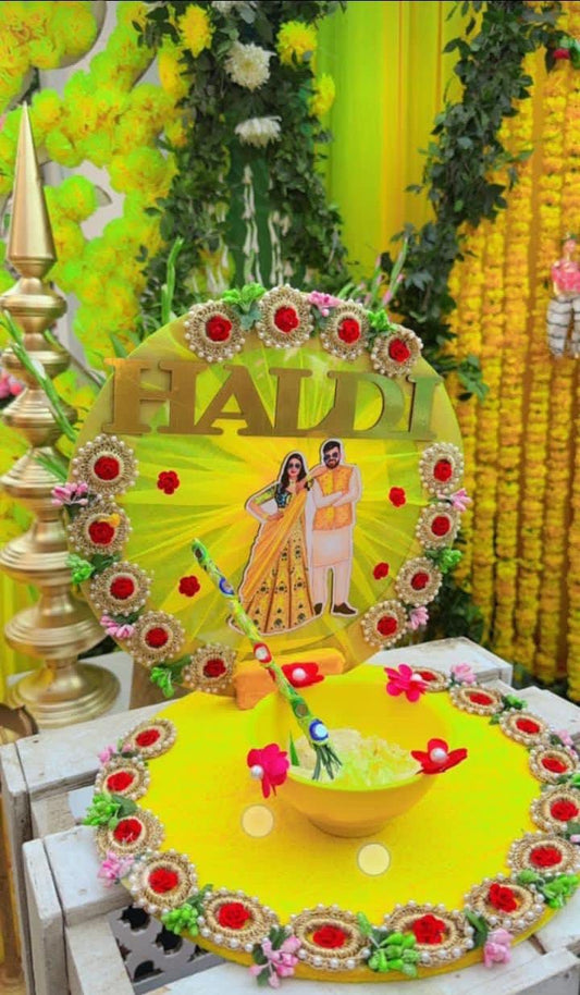 Haldi Platter - Colorful Yellow with Stick and bowl Big Haldi