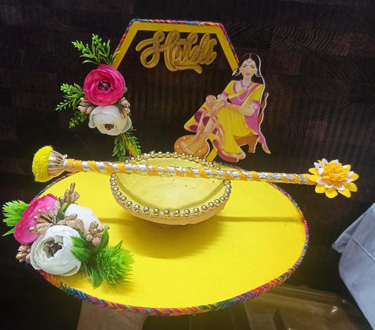 Haldi Platter - Colorful Yellow with Stick and bowl  design 2