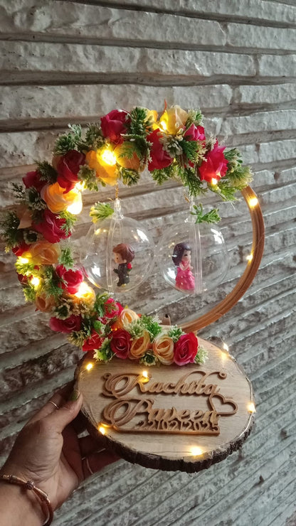 Pink and Yellow Ring Platter Pine Wood with Couples Dolls