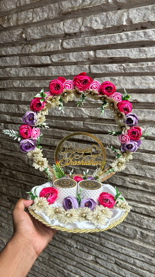 Pink, Purple and Golden Flower Ring Platter for Engagement